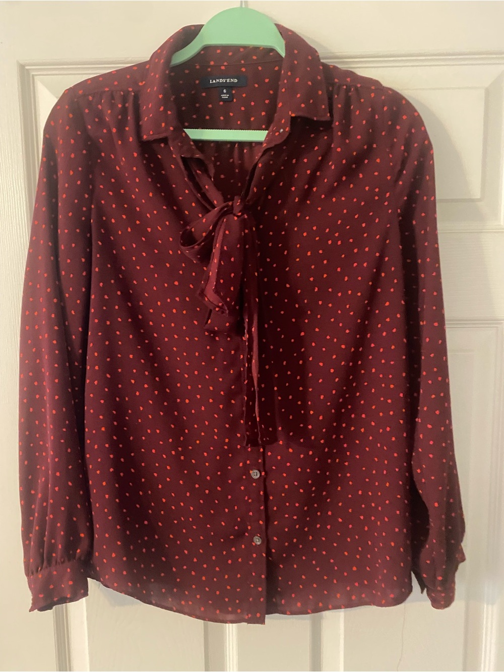 Lands' End Burgundy Blouse with Red Dot Tie-Neck